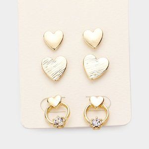 3Pairs - Rhinestone Metal Heart Stud Earrings
